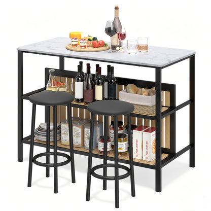 3-Piece Dining Table Set Kitchen Island and 2 Bar Stools Set with 2-Tier Storage Shelf-White