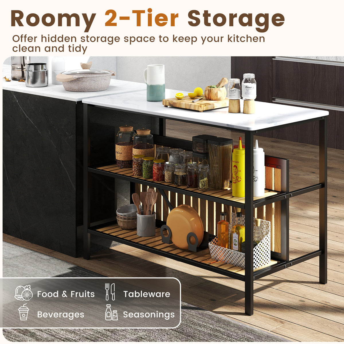 3-Piece Dining Table Set Kitchen Island and 2 Bar Stools Set with 2-Tier Storage Shelf-White