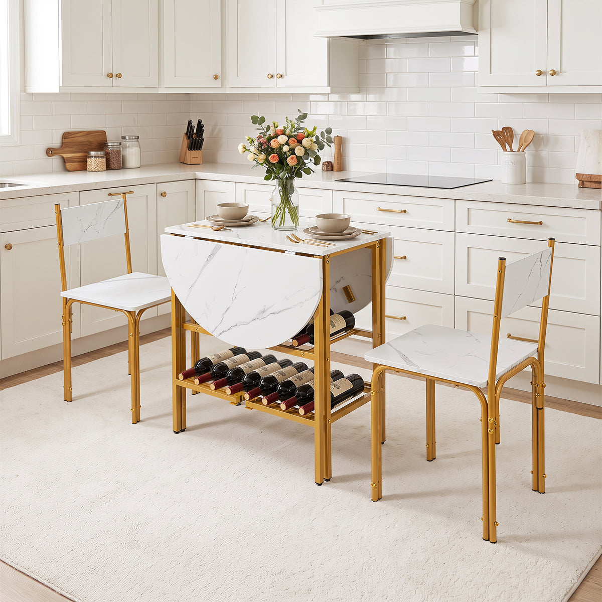 3-Piece Drop Leaf Dining Table Set with 2 Chairs and 2-Tier Storage Shelves for Kitchen-White
