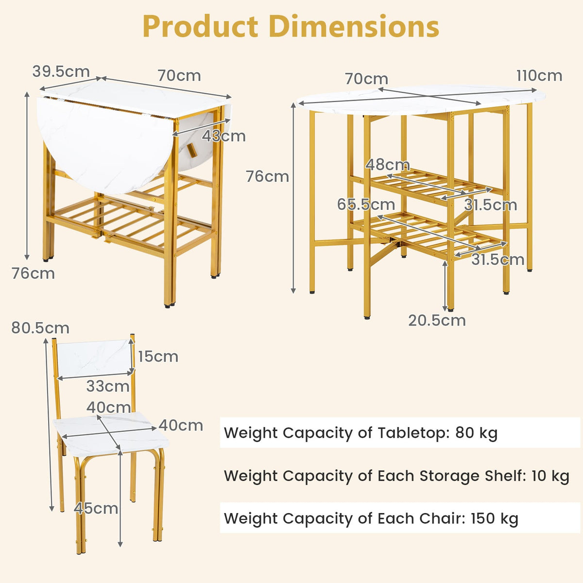 3-Piece Drop Leaf Dining Table Set with 2 Chairs and 2-Tier Storage Shelves for Kitchen-White