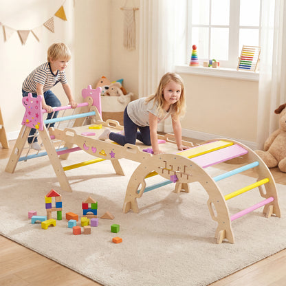 Two children climbing and playing on the macaron climbing frame with wooden blocks