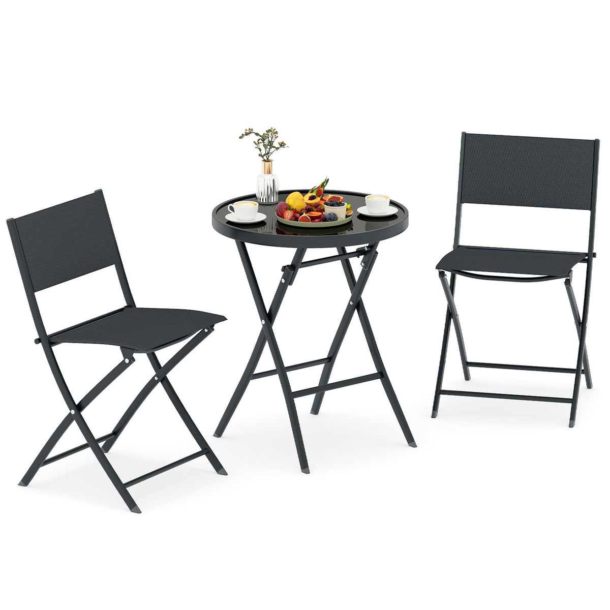 3 Piece Folding Bistro Set Patio Dining Furniture with Breathable Fabric Seat