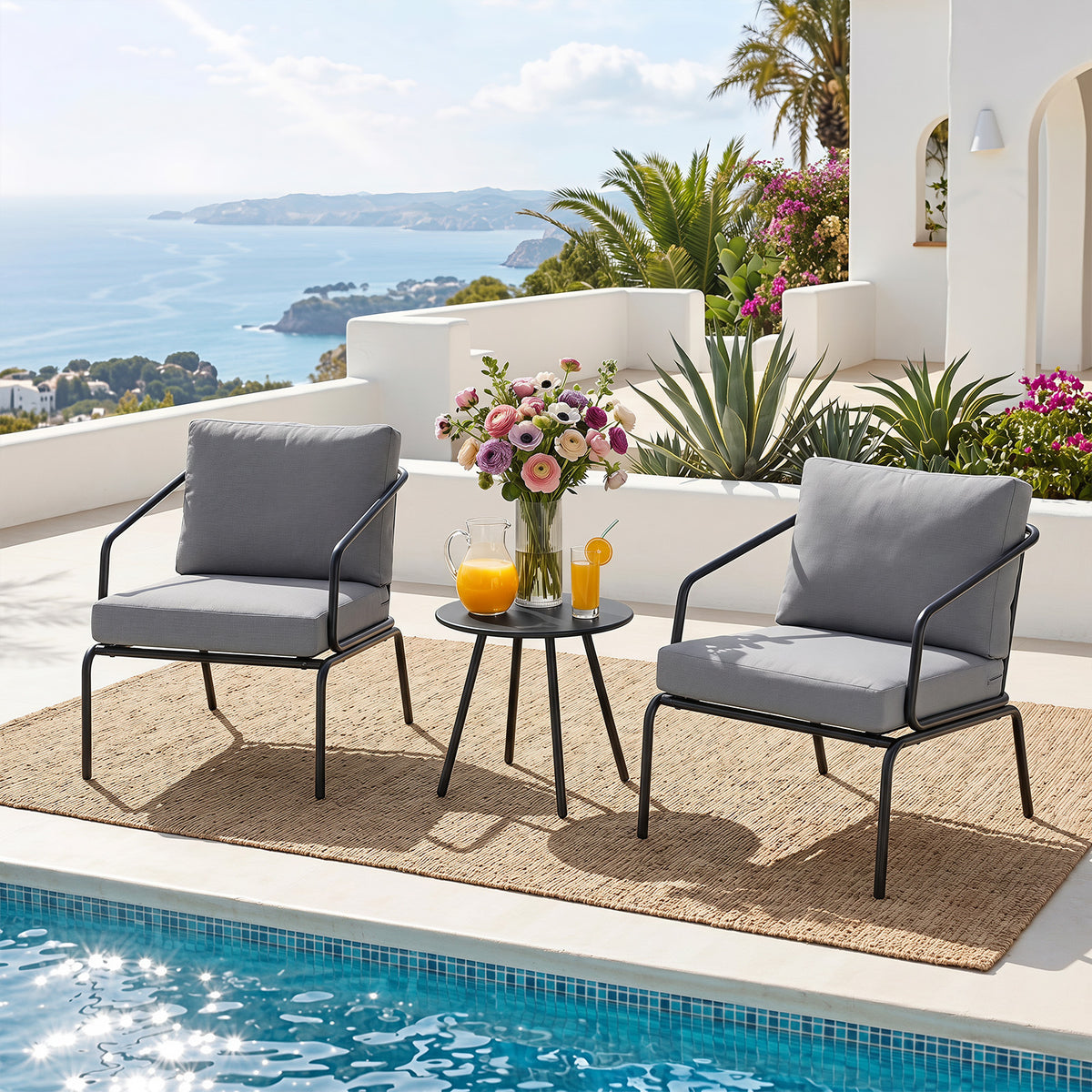 3 Piece Outdoor Bistro Set Round Side Table and 2 Armchairs with Padded Cushions-Grey
