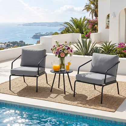 3 Piece Outdoor Bistro Set Round Side Table and 2 Armchairs with Padded Cushions-Grey