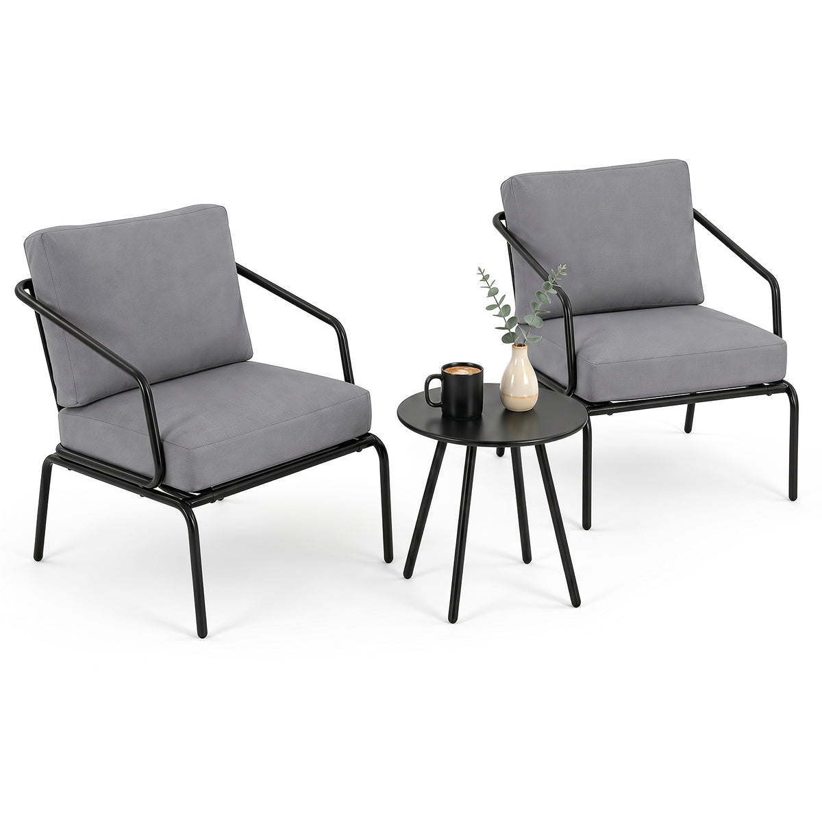 3 Piece Outdoor Bistro Set Round Side Table and 2 Armchairs with Padded Cushions-Grey