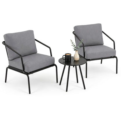 3 Piece Outdoor Bistro Set Round Side Table and 2 Armchairs with Padded Cushions-Grey