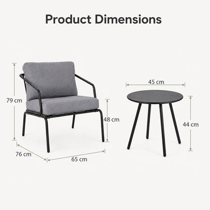 3 Piece Outdoor Bistro Set Round Side Table and 2 Armchairs with Padded Cushions-Grey