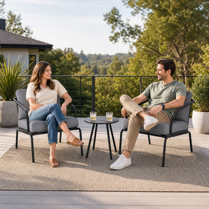 3 Piece Outdoor Bistro Set Round Side Table and 2 Armchairs with Padded Cushions-Grey