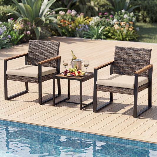 3-Piece PE Wicker Patio Set with Soft Cushion and Side Table for Balcony-Beige