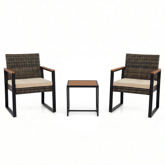 3-Piece PE Wicker Patio Set with Soft Cushion and Side Table for Balcony-Beige