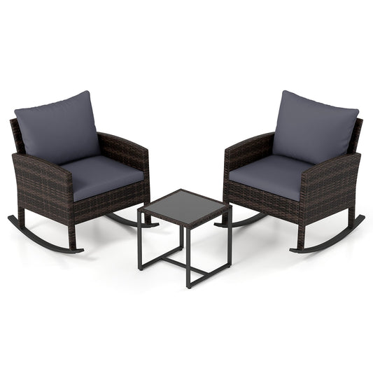 3-Piece Wicker Rocking Bistro Set with Tempered Glass Table and Cushions for Patio-Grey