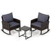 3-Piece Wicker Rocking Bistro Set with Tempered Glass Table and Cushions for Patio-Grey
