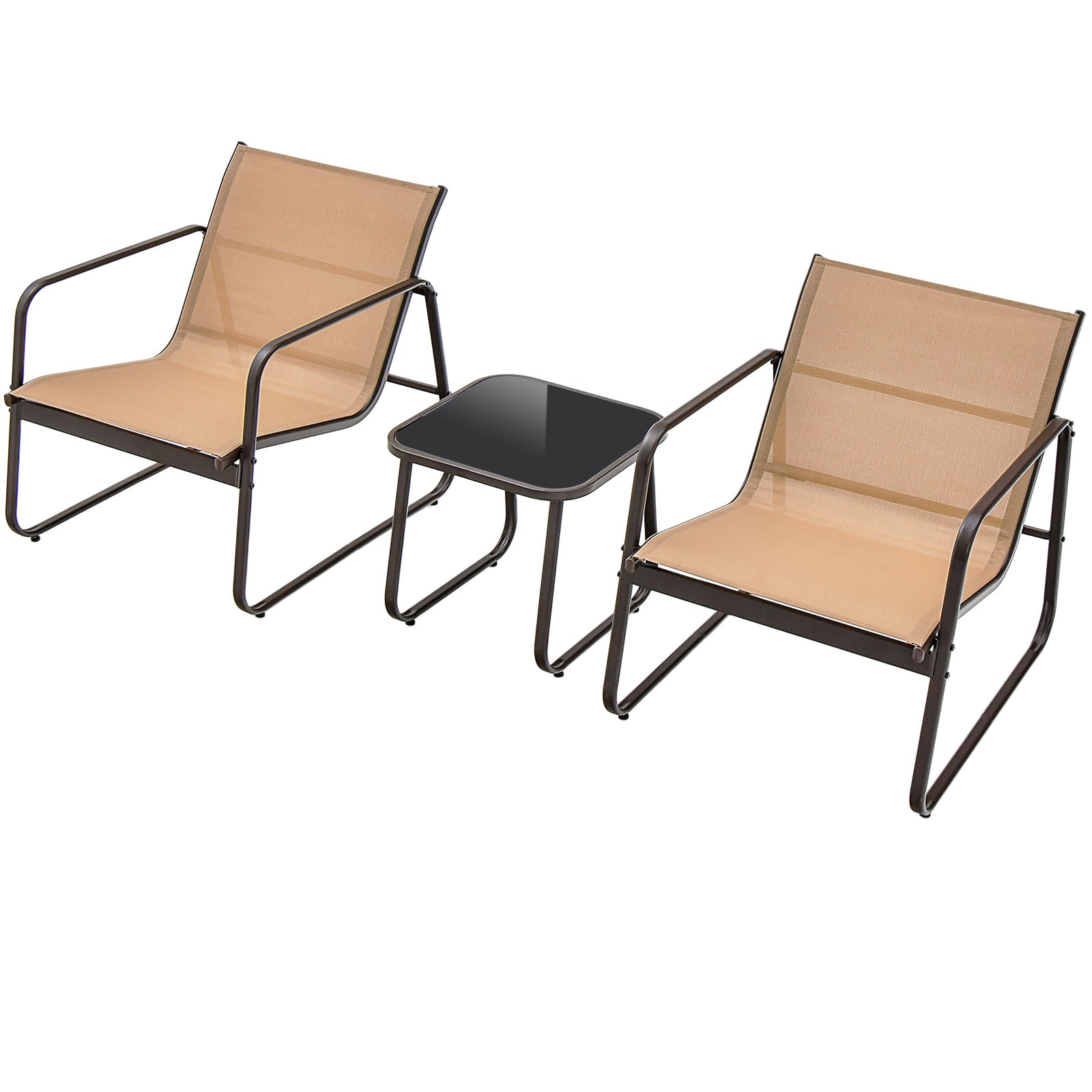 3 Pieces Patio Conversation Set with Breathable Fabric and Tempered Glass Tabletop-Brown