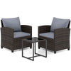 3 Pieces PE Rattan Wicker Outdoor Bistro Conversation Set with Soft Cushions and Tempered Glass Coffee Table-Grey
