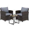 3 Pieces PE Rattan Wicker Outdoor Bistro Conversation Set with Soft Cushions and Tempered Glass Coffee Table-Grey