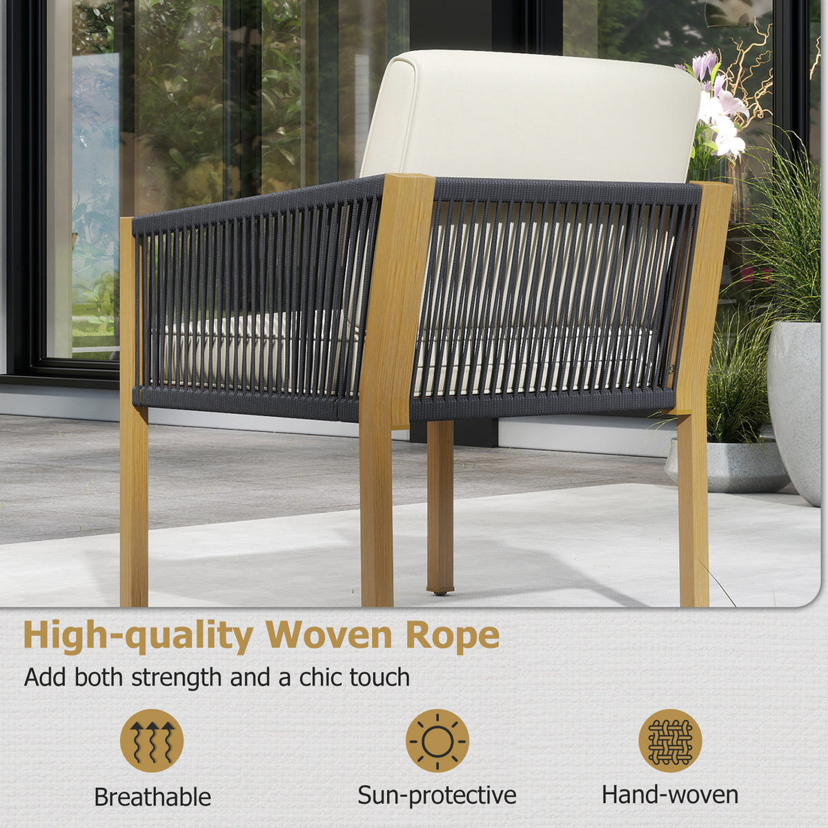 3 Pieces Patio Bistro Set Woven Rope Outdoor Conversation Set with Cushions-Beige