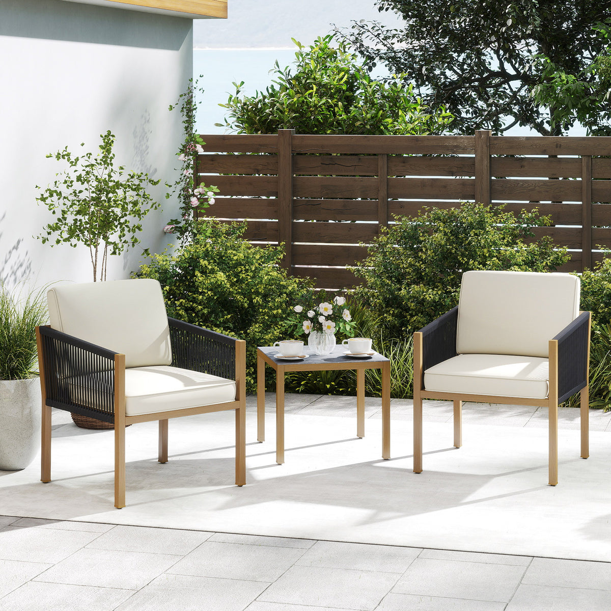 3 Pieces Patio Bistro Set Woven Rope Outdoor Conversation Set with Cushions-Beige