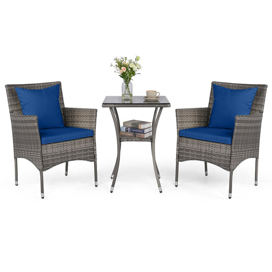 3 Pieces Patio Wicker Bistro Set 2 Rattan Chairs with Double-Tier Tempered Glass Table-Navy