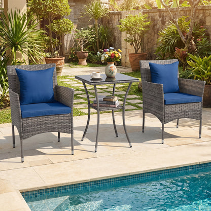 3 Pieces Patio Wicker Bistro Set 2 Rattan Chairs with Double-Tier Tempered Glass Table-Navy