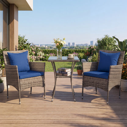 3 Pieces Patio Wicker Bistro Set 2 Rattan Chairs with Double-Tier Tempered Glass Table-Navy
