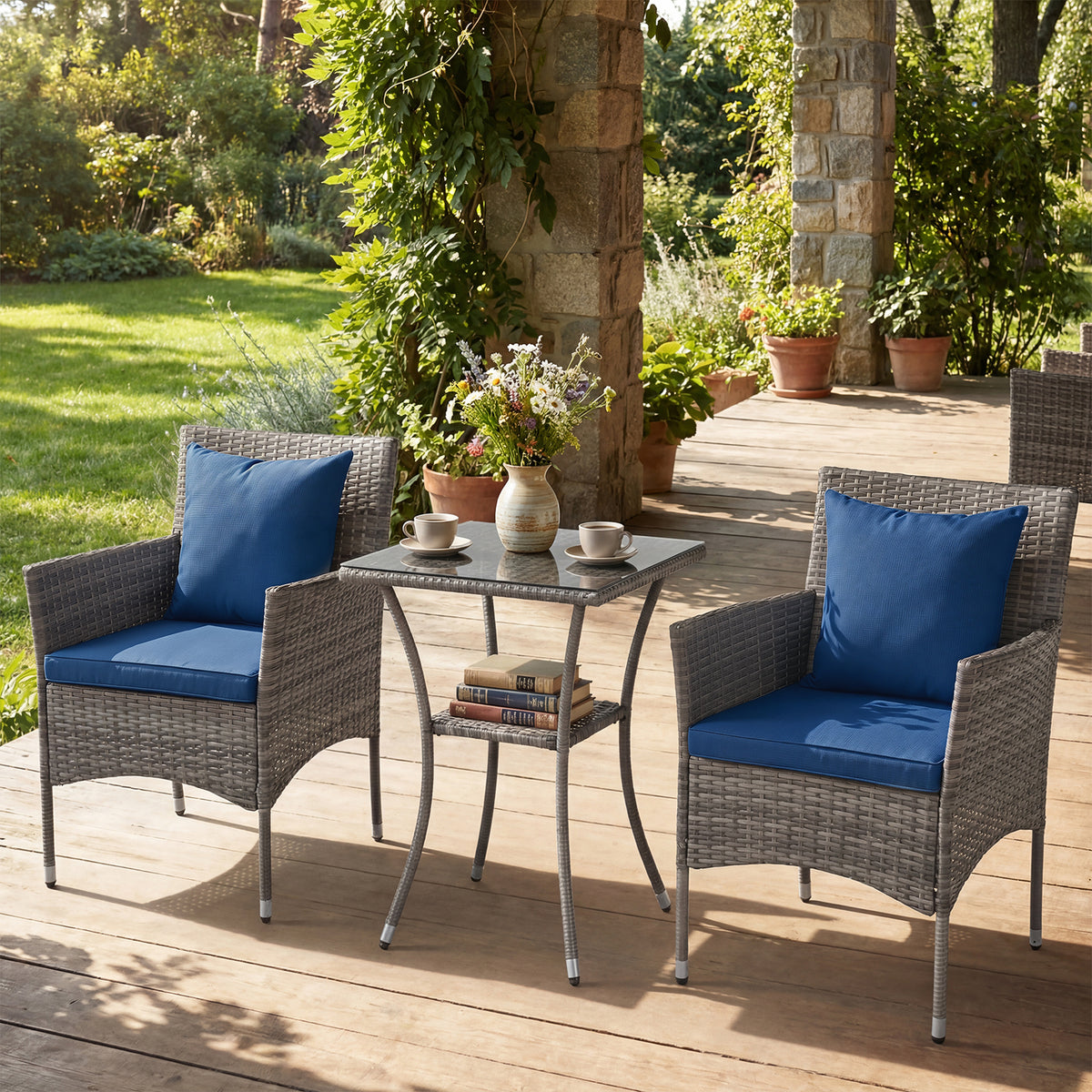 3 Pieces Patio Wicker Bistro Set 2 Rattan Chairs with Double-Tier Tempered Glass Table-Navy