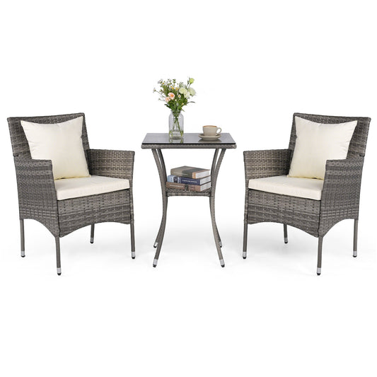 3 Pieces Patio Wicker Bistro Set 2 Rattan Chairs with Double-Tier Tempered Glass Table-Off White