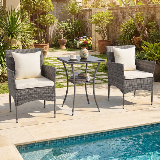 3 Pieces Patio Wicker Bistro Set 2 Rattan Chairs with Double-Tier Tempered Glass Table-Off White