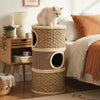 3-Story Cat Condo 70CM Multi-level Cat Hideaway with Sisal Scratching Pad-Khaki