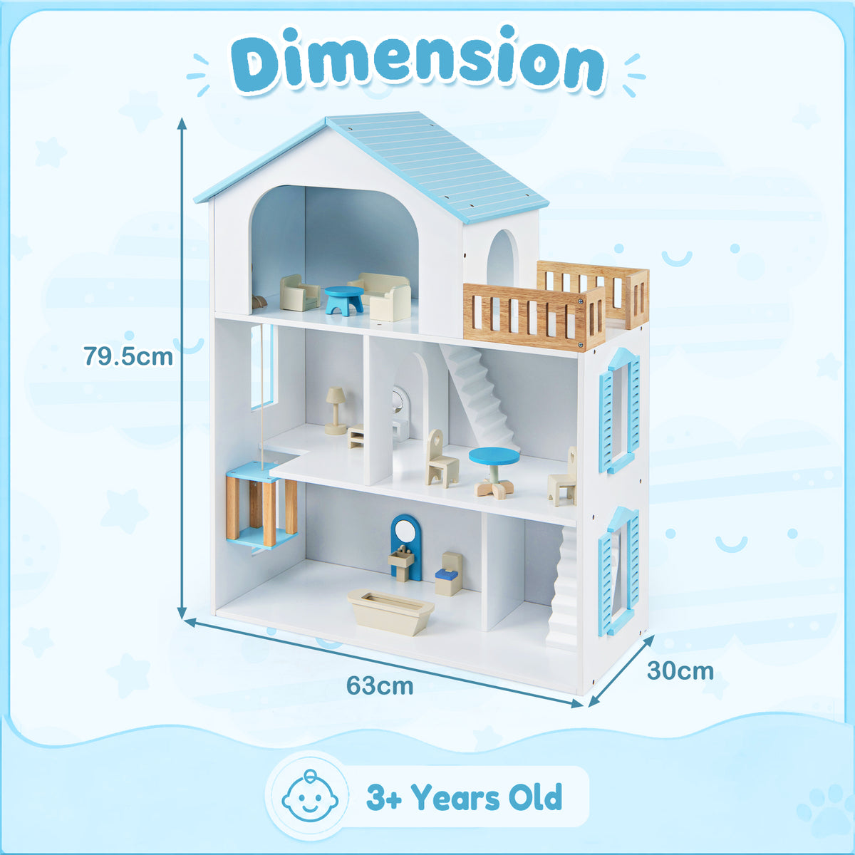 Dimension diagram of the wooden dollhouse playset showing height and width