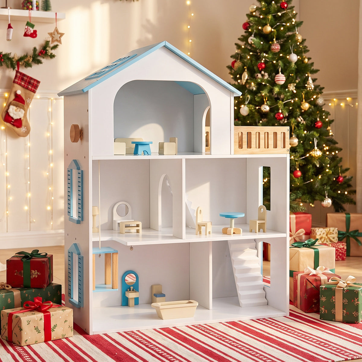 The wooden dollhouse playset in a festive room with a Christmas tree
