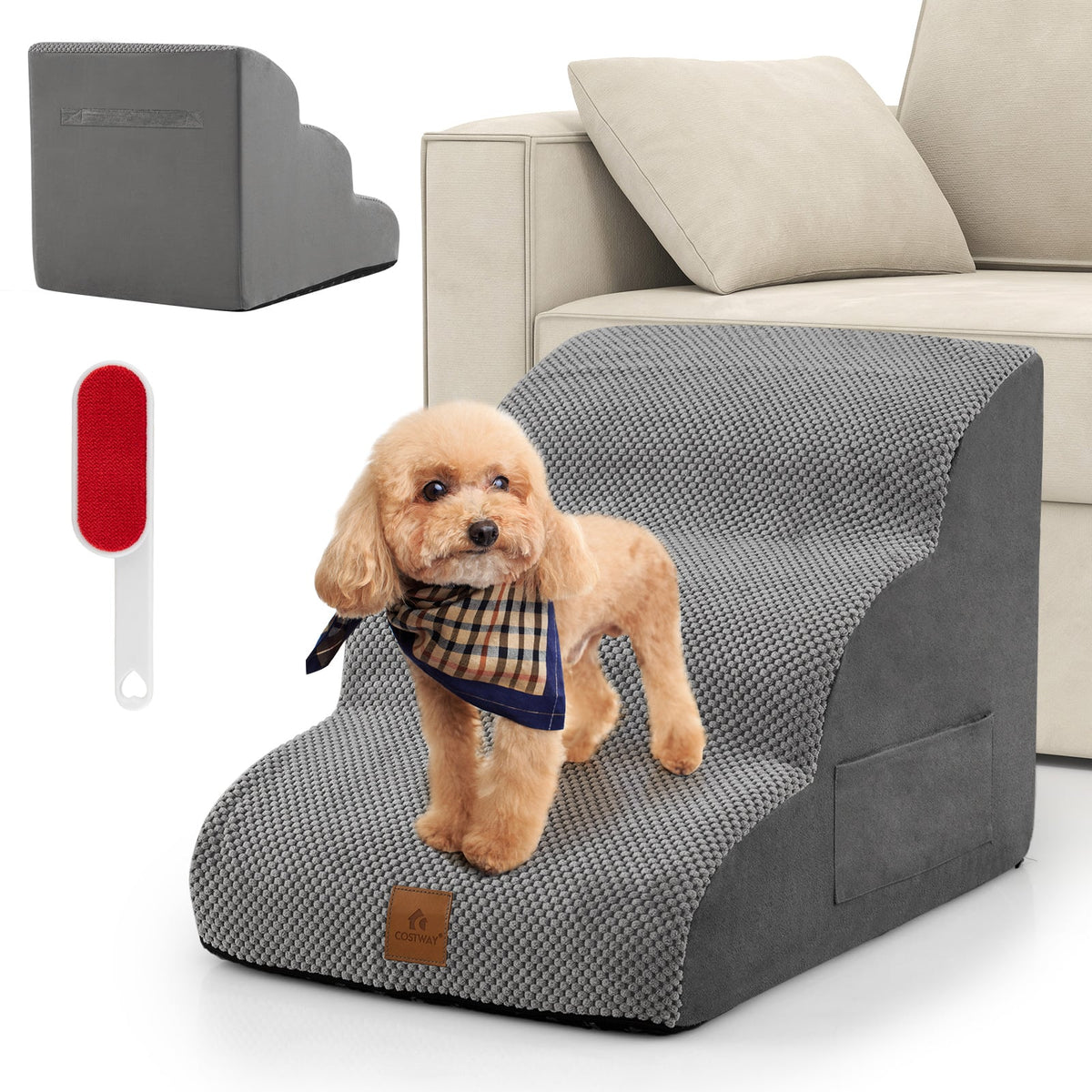 A small dog stands on a grey foam dog ramp, a lint brush is beside it