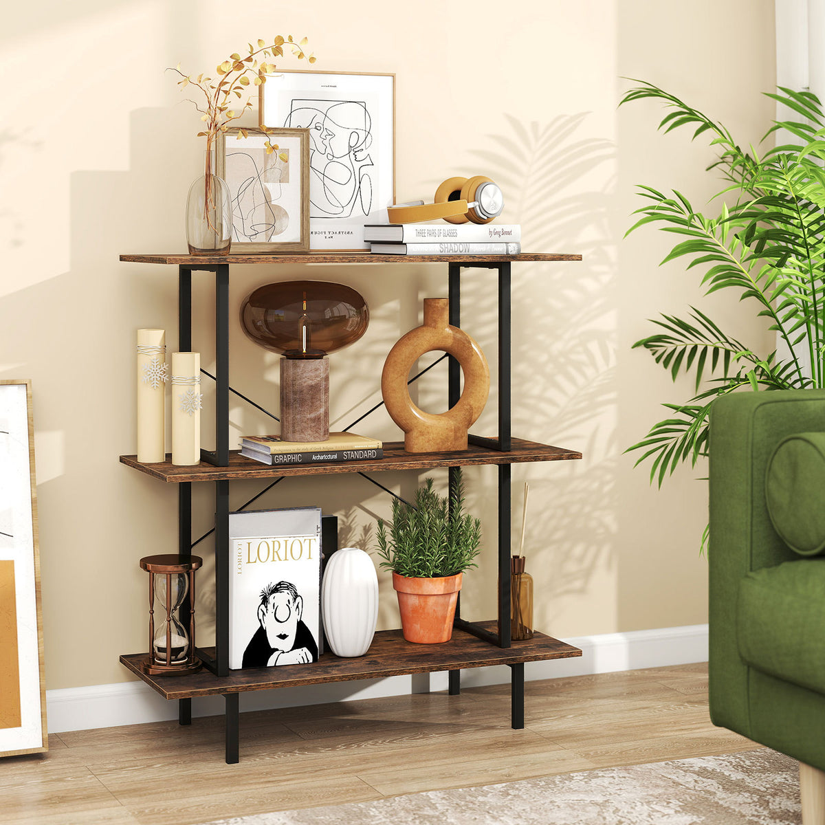 3-Tier Industrial Bookshelf with Open Shelves and Metal Frame for Living Room Study-Rustic Brown