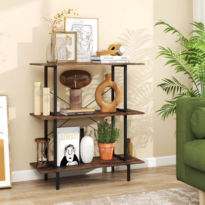 3-Tier Industrial Bookshelf with Open Shelves and Metal Frame for Living Room Study-Rustic Brown