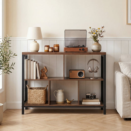 3-Tier Industrial Storage Organizer with 5 Cubes and Metal Frame-Rustic Brown