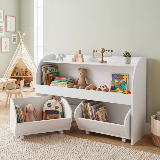 White kids toy storage organiser with books and toys in a nursery room setting