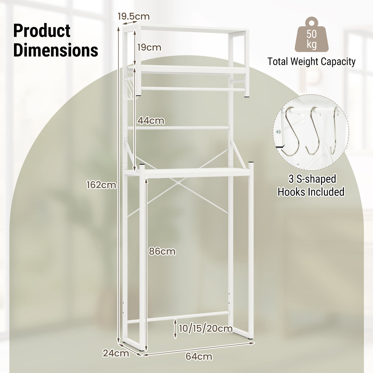 3-Tier Over Toilet Bathroom Organizer with Towel Holder and Adjustable Bottom-White