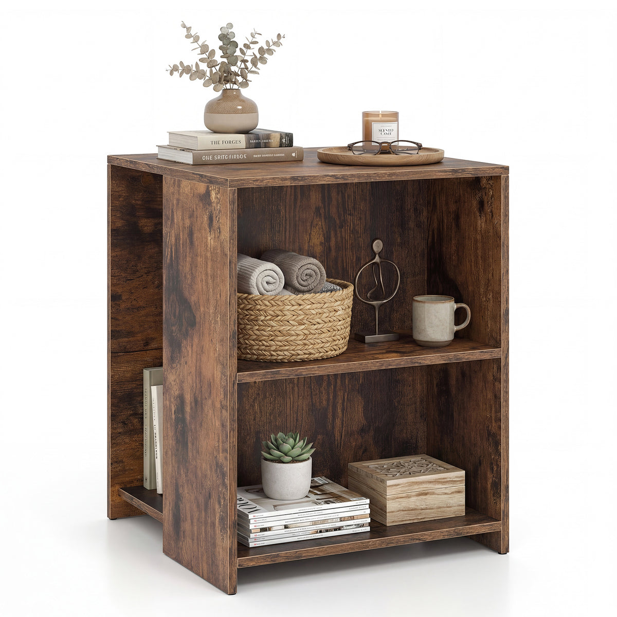 3-Tier Square Wooden End Table with Open Storage Shelves-Rusticbrown