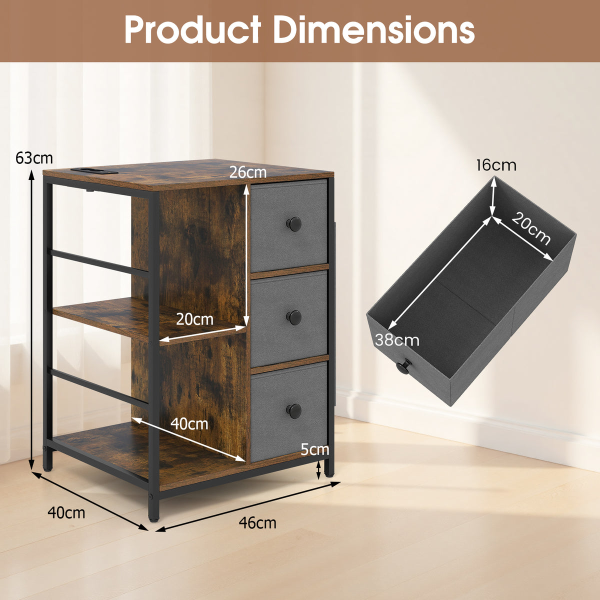 3-Tier Storage Cabinet with Charging Hub and Storage Shelf-Rustic Brown