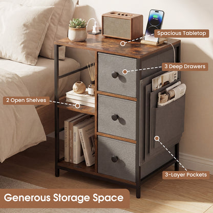 3-Tier Storage Cabinet with Charging Hub and Storage Shelf-Rustic Brown