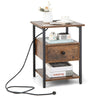 3-Tier Nightstand with Charging Station Open Shelves and Drawer-Brown