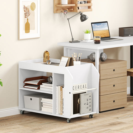 The rolling nightstand is shown next to a desk, holding books and office supplies