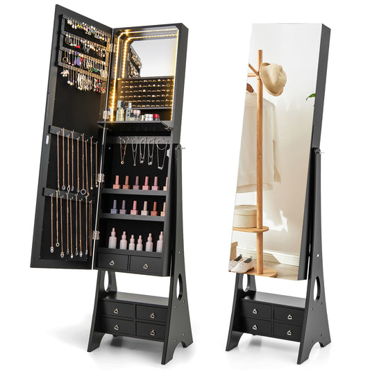 3-Color LED Lighted Jewelry Cabinet with full-length mirror and adjustable tilt angles in black