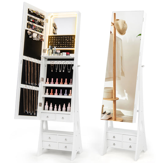3-Color LED Lighted Jewelry Cabinet shown open with storage and closed as a full-length mirror