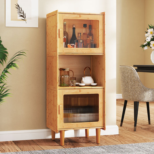 The bamboo cabinet styled as a drinks station in a dining room setting