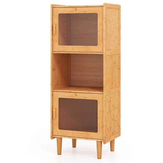 3-Cube Bamboo Cabinet with two doors and an open middle shelf on a white background
