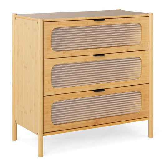 3-Drawer Dresser Mid Century Modern Chest of Drawers natural wood with ribbed translucent drawer fronts
