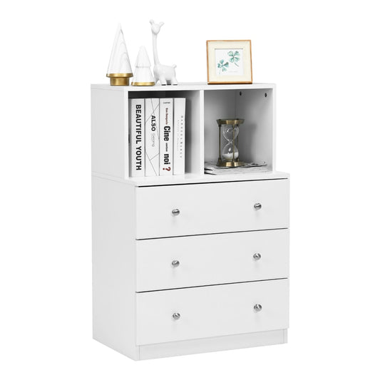 3-Drawer Dresser with 2 open compartments in white, shown from the front