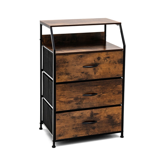 3-Drawer Dresser with wooden top and front in rustic brown finish, shown freestanding