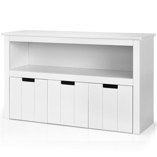 3 Drawer Kids Storage Cabinet with Open Shelf, a white unit with three drawers and an open shelf above