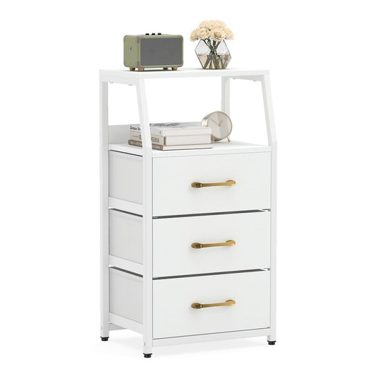 3-Drawer Storage Cabinet with a white frame and gold handles, shown with decorative items on top